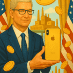 Tim Cook presenting a golden iPhone to former President Trump symbolizing Apple's $600 billion investment in U.S. manufacturing, with American factories and floating golden coins in the background representing large-scale job creation and domestic producti