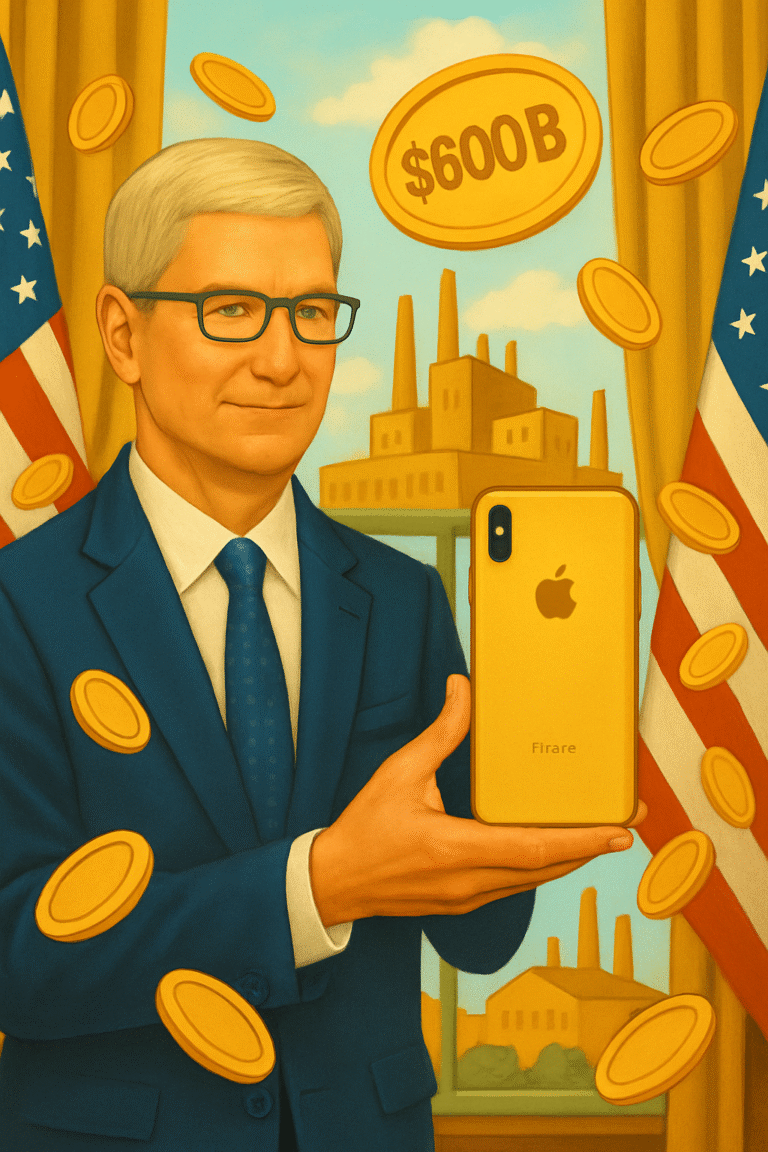 Tim Cook presenting a golden iPhone to former President Trump symbolizing Apple's $600 billion investment in U.S. manufacturing, with American factories and floating golden coins in the background representing large-scale job creation and domestic producti