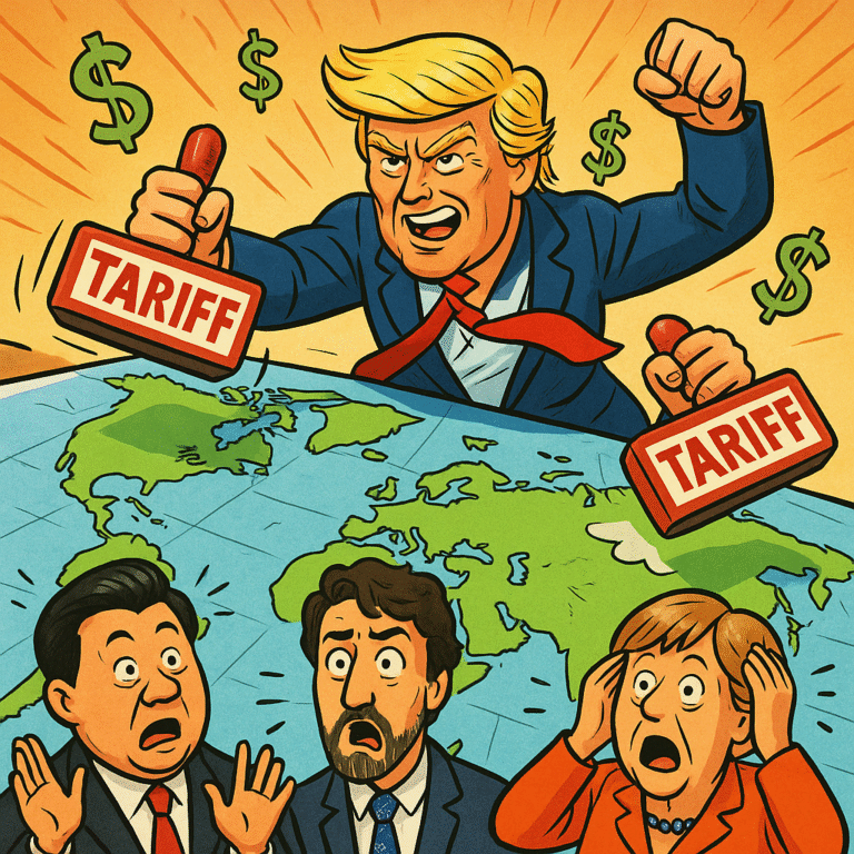 Cartoon of President Trump as an action-hero slapping giant ‘TARIFF’ stamps across a world map while global leaders react in exaggerated, comedic shock.