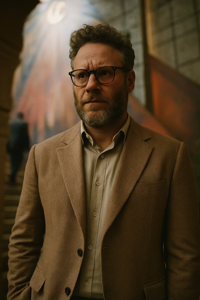 Seth Rogen in beige checkered blazer and shirt standing against blurred Hollywood backdrop as Matt Remick from Apple TV+ series The Studio