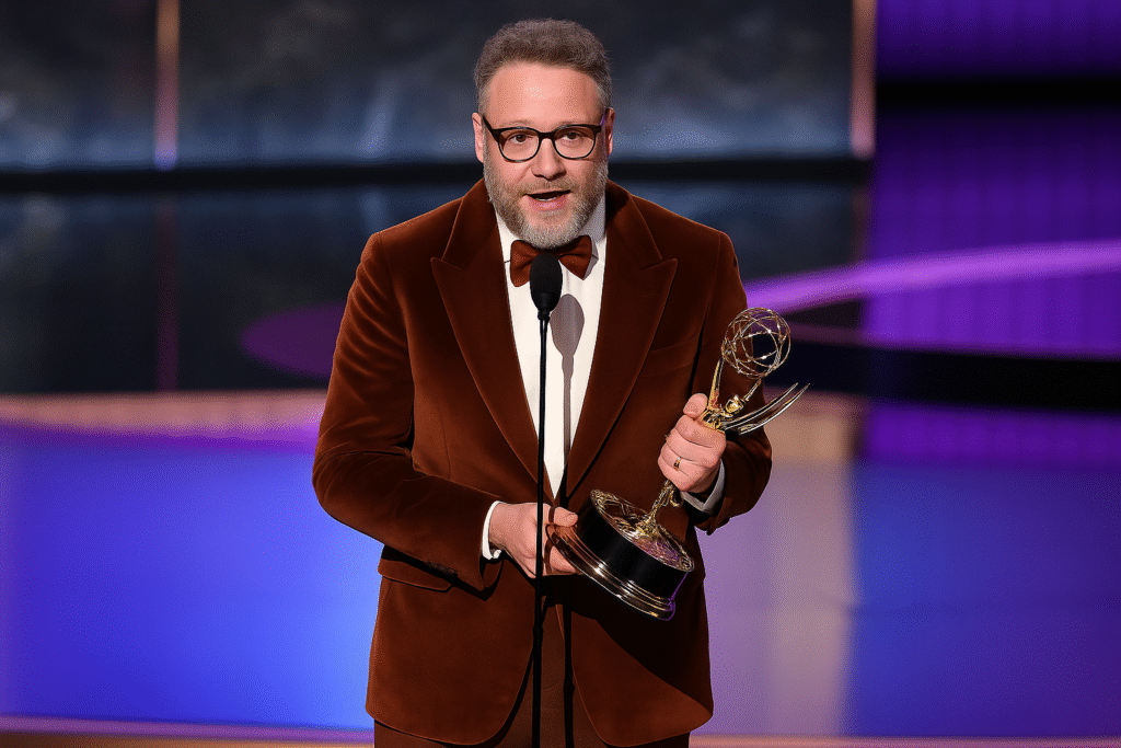 Seth Rogen accepts the Outstanding Lead Actor in a Comedy Series award for "The Studio" onstage during the 77th Primetime Emmy Awards at Peacock Theater on September 14, 2025 in Los Angeles, California.