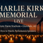Charlie Kirk Memorial Live graphic with candlelight vigil in front of State Farm Stadium at twilight, Glendale AZ, and a stage microphone silhouette.