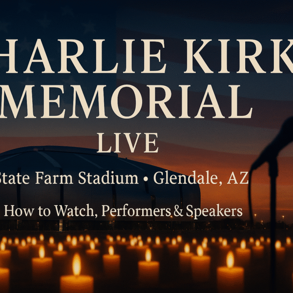 Charlie Kirk Memorial Live graphic with candlelight vigil in front of State Farm Stadium at twilight, Glendale AZ, and a stage microphone silhouette.