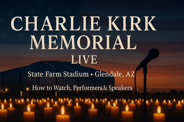 Charlie Kirk Memorial Live graphic with candlelight vigil in front of State Farm Stadium at twilight, Glendale AZ, and a stage microphone silhouette.