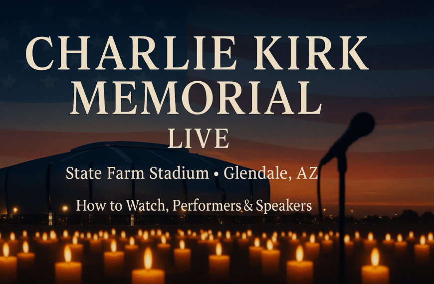 Charlie Kirk Memorial Live graphic with candlelight vigil in front of State Farm Stadium at twilight, Glendale AZ, and a stage microphone silhouette.