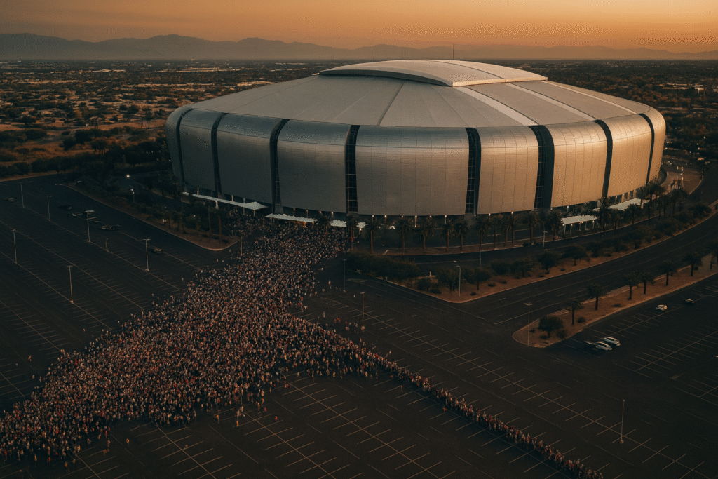 Aerial view of mourners lining up outside a domed stadium at dusk for a public memorial service (illustrative image).