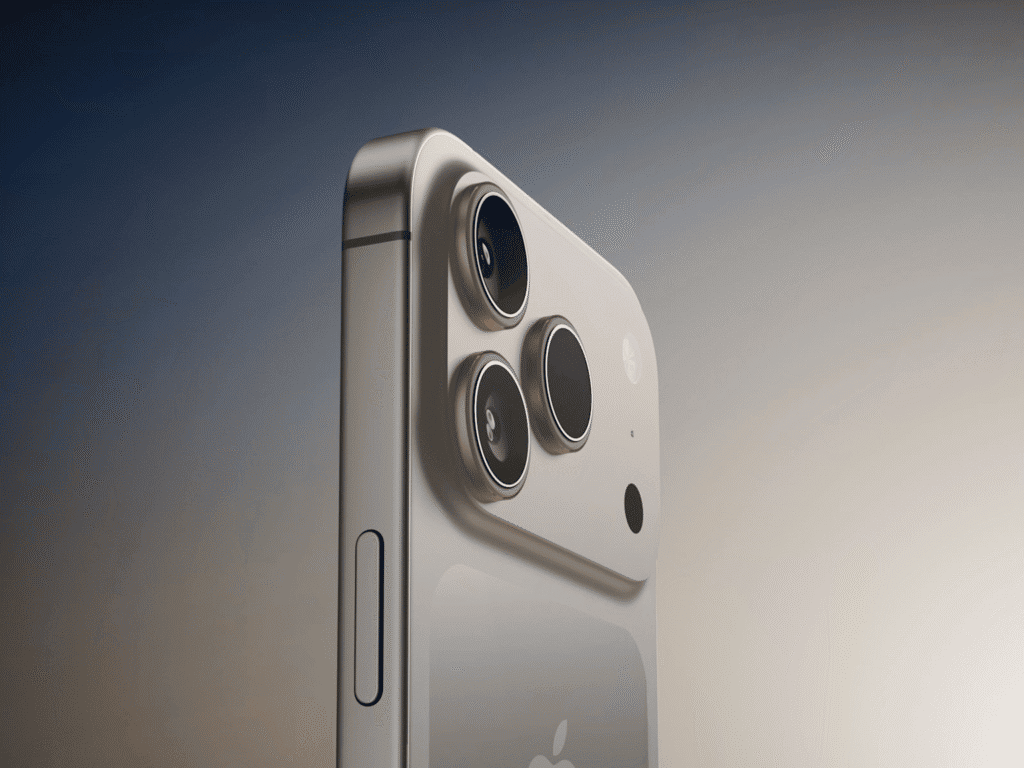 Close-up of the iPhone 17 Pro's rear camera module featuring three lenses on a matching color camera bar