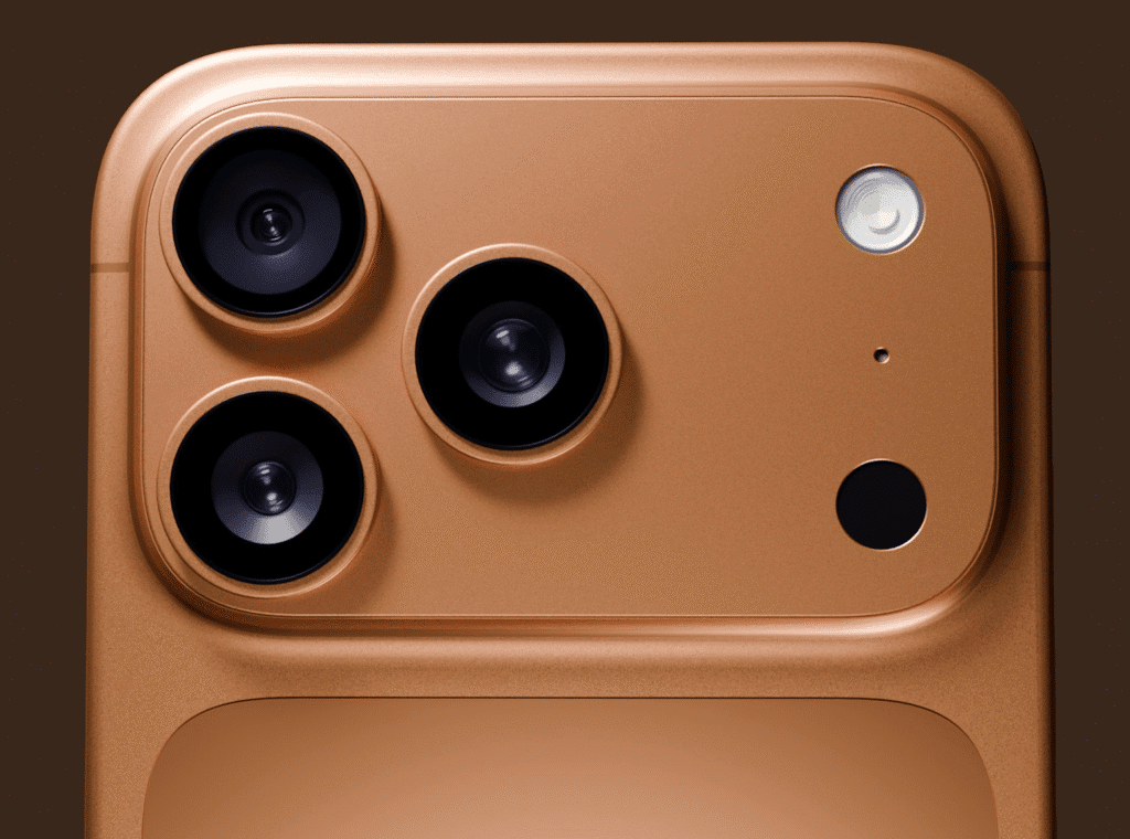 Close-up of the iPhone 17 Pro camera module showing triple lenses and flash.
