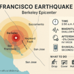 San Francisco earthquake today infographic: Bay Area map with Berkeley epicenter, concentric shaking rings, Hayward Fault line, aftershock odds, and safety steps.