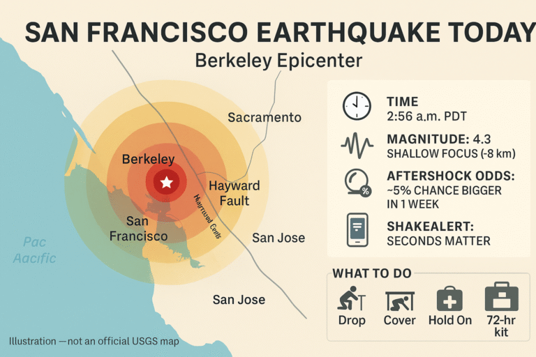 San Francisco earthquake today infographic: Bay Area map with Berkeley epicenter, concentric shaking rings, Hayward Fault line, aftershock odds, and safety steps.