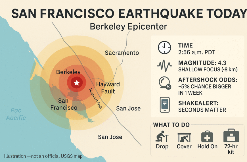 San Francisco earthquake today infographic: Bay Area map with Berkeley epicenter, concentric shaking rings, Hayward Fault line, aftershock odds, and safety steps.