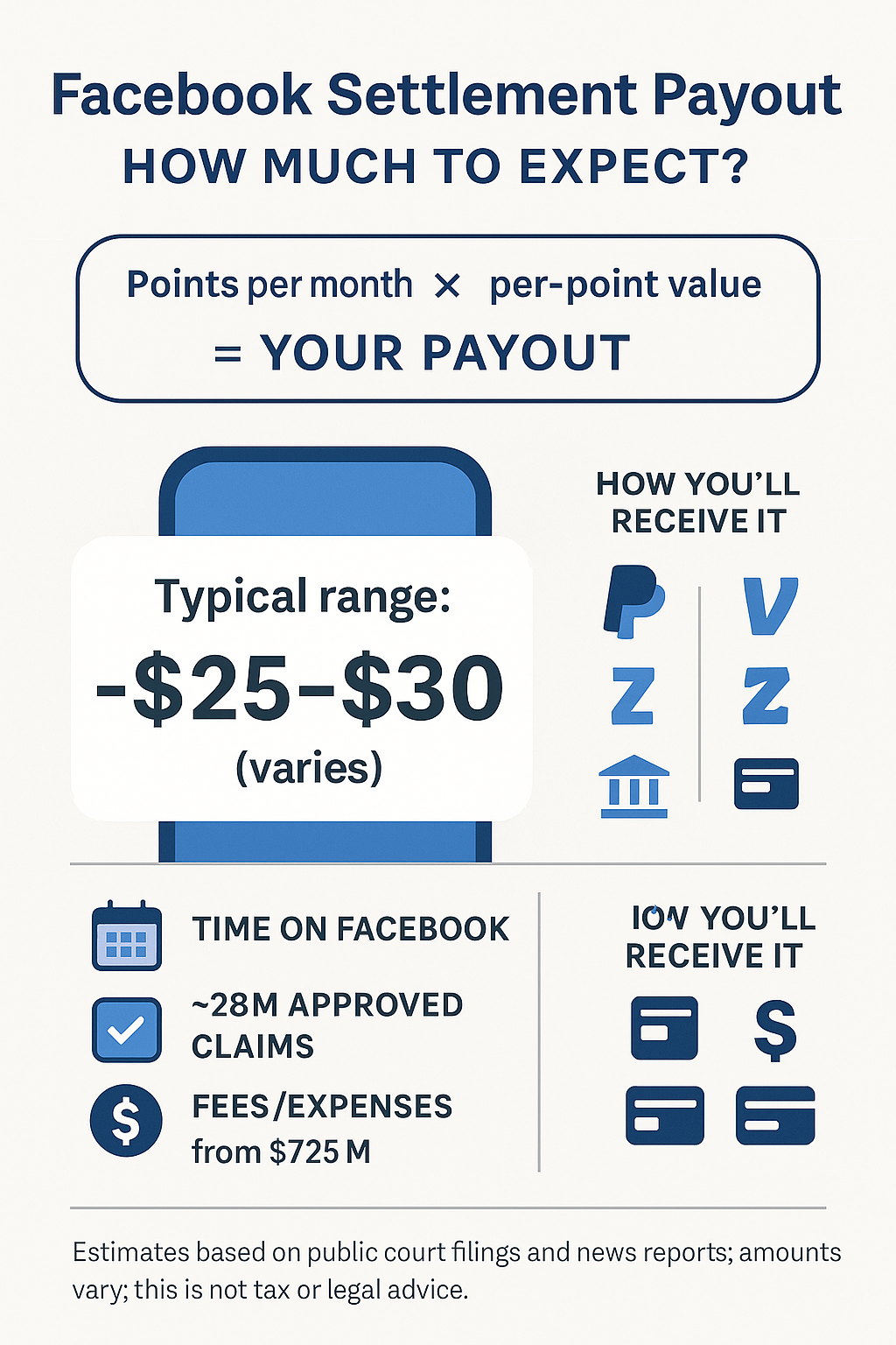 Facebook settlement payout infographic with formula and typical $25–$30 range