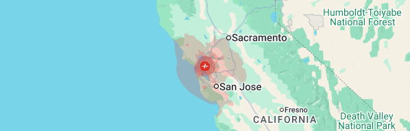 San Francisco earthquake today map showing Bay Area shaking intensity centered near Berkeley/Oakland on the Hayward Fault, felt from San Jose to Sacramento.