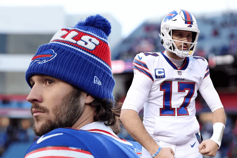 Buffalo Bills quarterback Josh Allen celebrating on field in number 17 jersey with teammate.