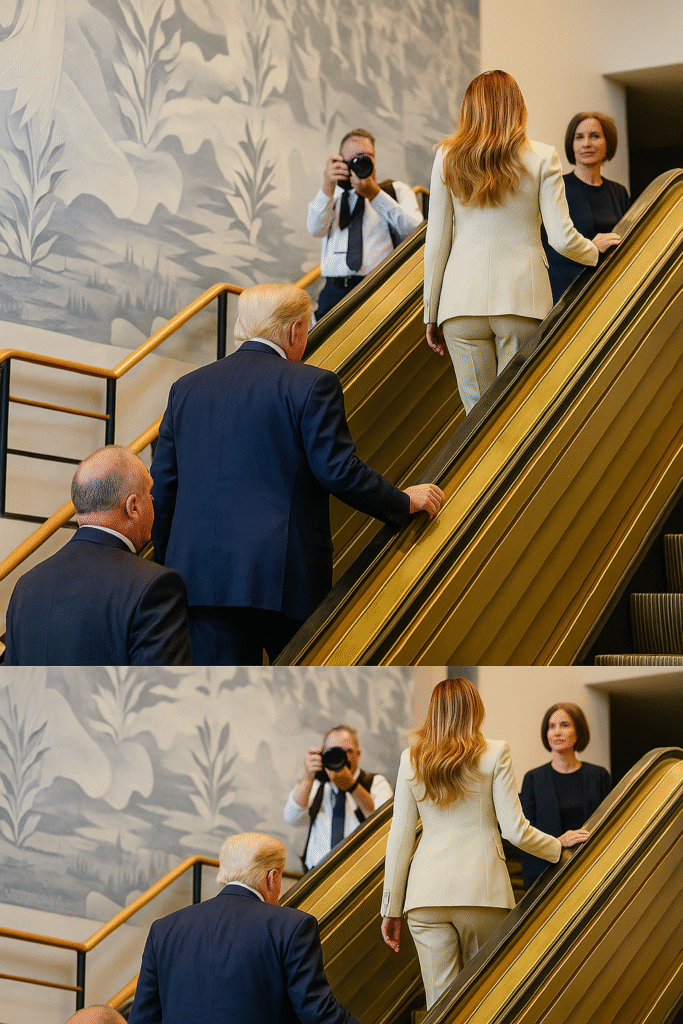 Trump UN speech 2025 at UN, escalator scene with delegates and media